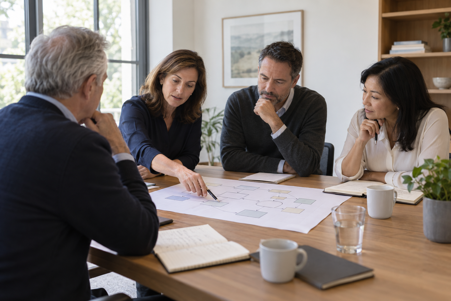 An attentive facilitator listens as colleagues examine a process sketch together